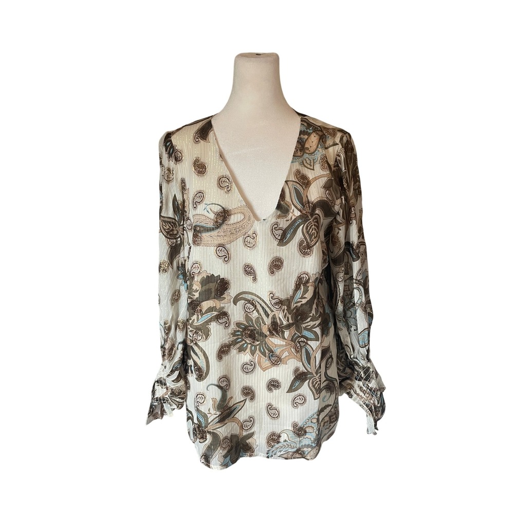Vince Camuto Women Boho Paisley Cottagecore Metallic Top Small Beige‎ Chic